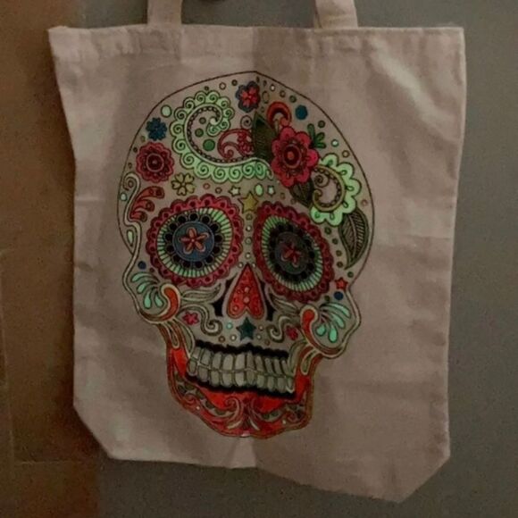 Hand-Painted Skull Canvas Tote Bag Neon Glow in the Dark 13.5 x 13 x 2.5 inches - Picture 9 of 14